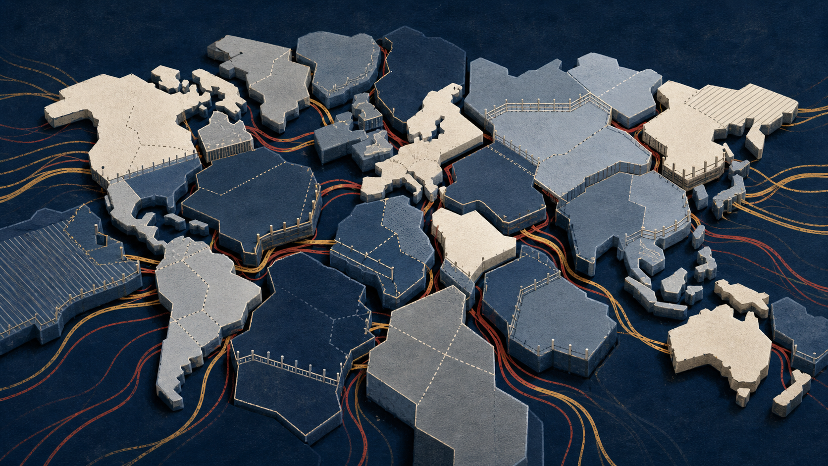 Illustration of a world map cut into mismatched jurisdictional tiles with betting flows slipping through the gaps between them
