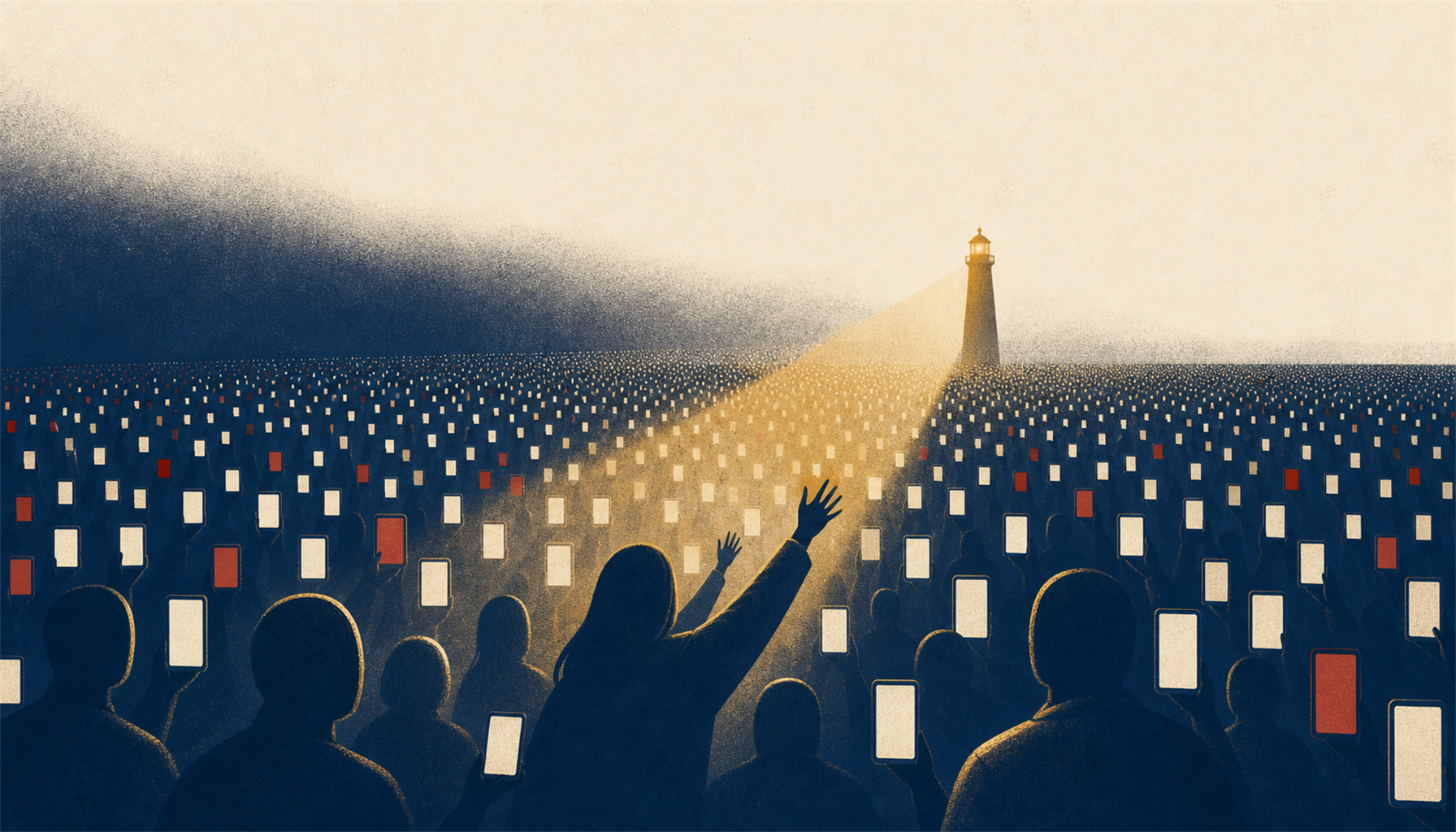 Illustration of a vast crowd rendered as glowing phone screens, with a few figures reaching toward a steady helpline light