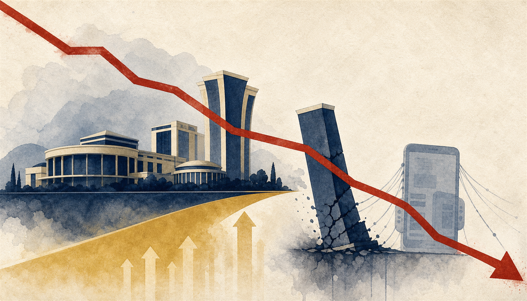 Illustration of a descending revenue line over a stylised casino floor and phone, with one column held up by tourism arrivals while the online column sinks