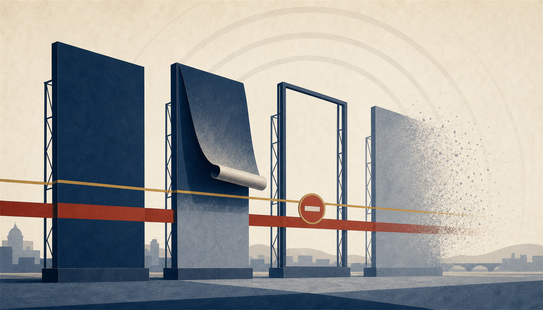 Illustration of a gambling billboard being taken down against a stadium-lit skyline