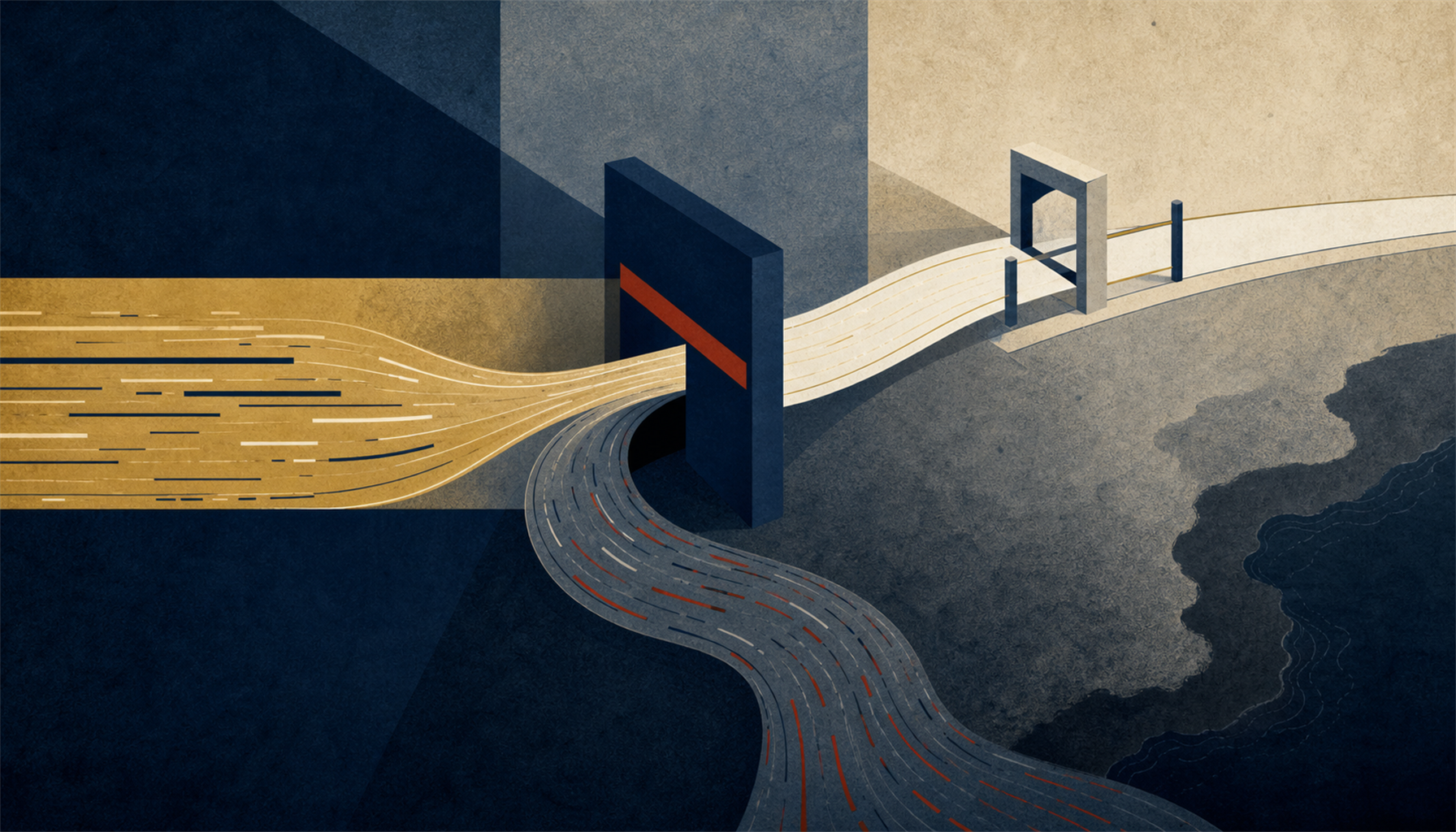 Illustration of a blocked payment channel forking between a protected path and an offshore detour