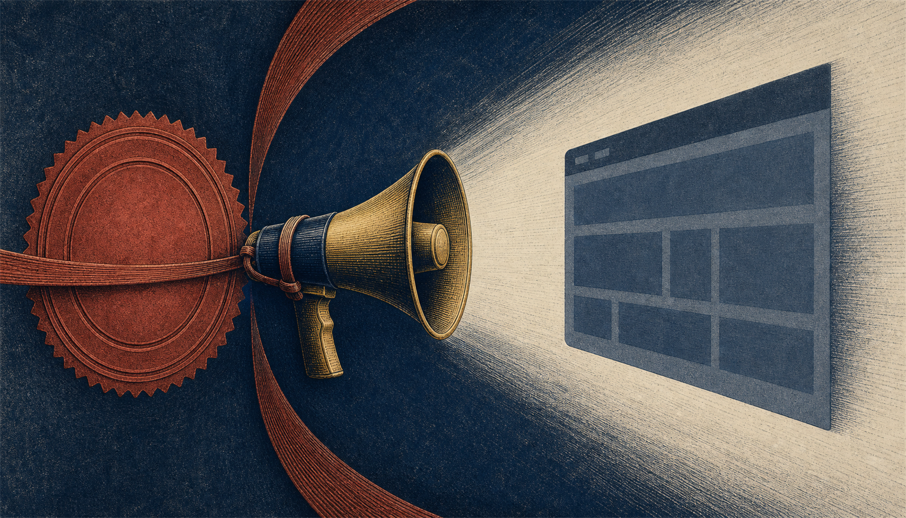 Illustration of a glowing megaphone casting a betting-site shadow, with a legal seal and handcuff motif closing in from the edges