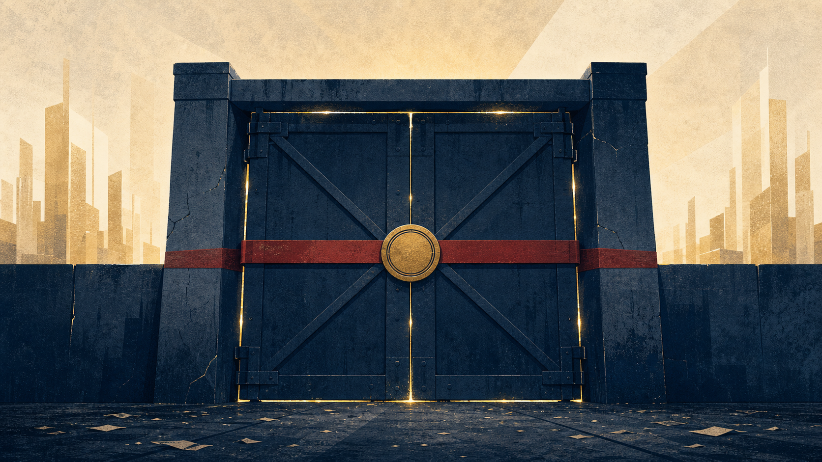 Illustration of a sealed and stamped industrial gate with faint lights still glowing through cracks behind it, a tournament glow on the horizon
