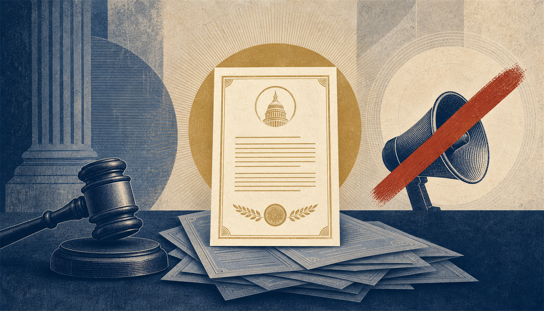 Illustration of a single legislative document raised above a stack of others, a gavel and a struck-through advertising symbol beside it