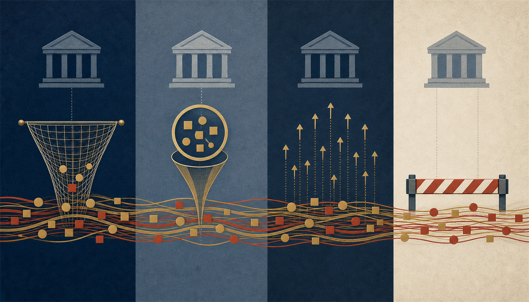 Illustration of several national jurisdictions as adjacent panels, each with a different enforcement tool aimed at a shared stream of betting flows during a tournament glow