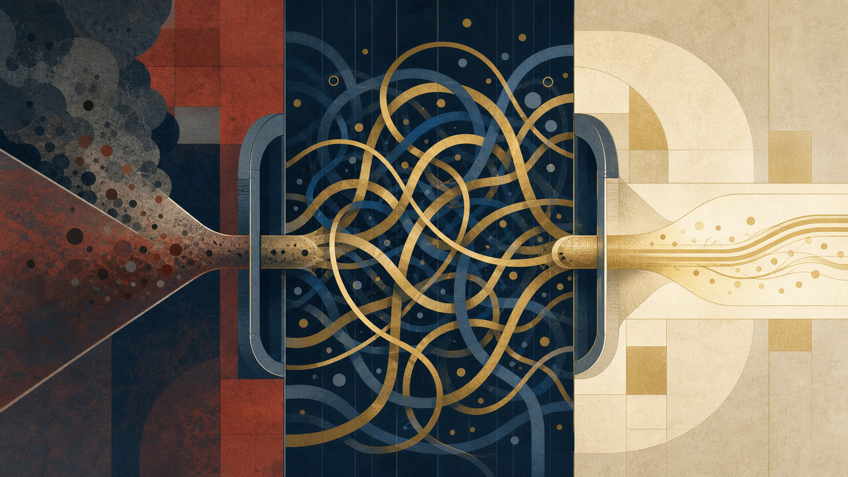 Illustration of three sequential gates — a deposit funnel, a tangle of betting flows, and a clean cash-out channel — money lightening in color as it passes through