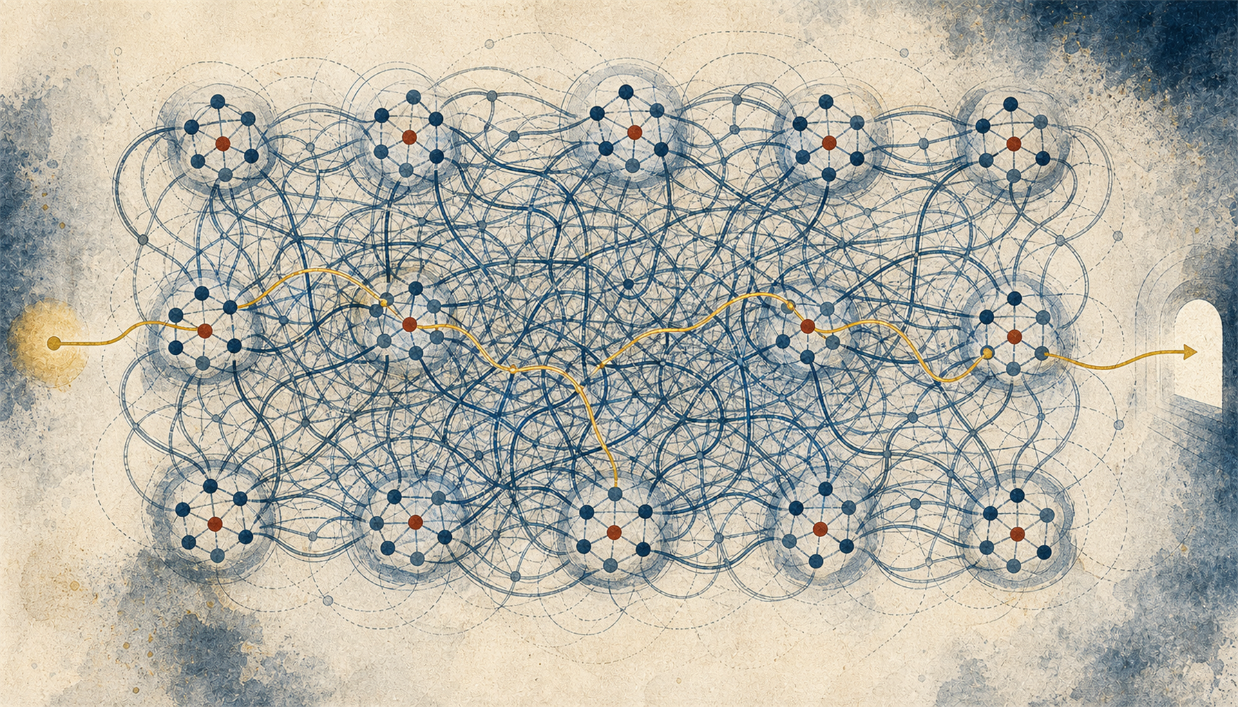 Illustration of a tangled lattice of interconnecting paths between twelve clusters, with one faint thread glowing clearly through the maze toward an exit