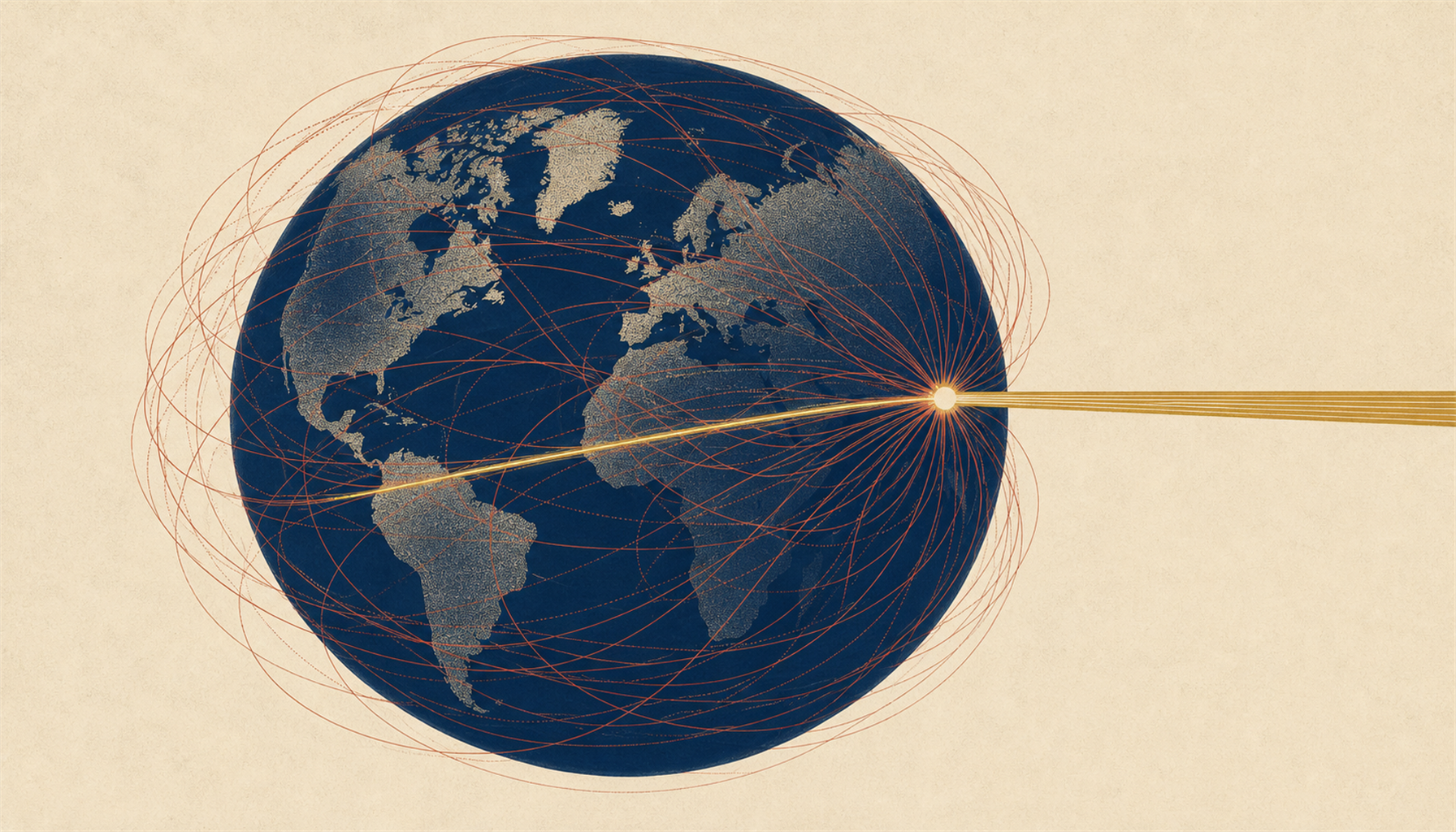 Illustration of a globe wrapped in betting-market flows converging on a single tournament, with a thin licensed lane highlighted
