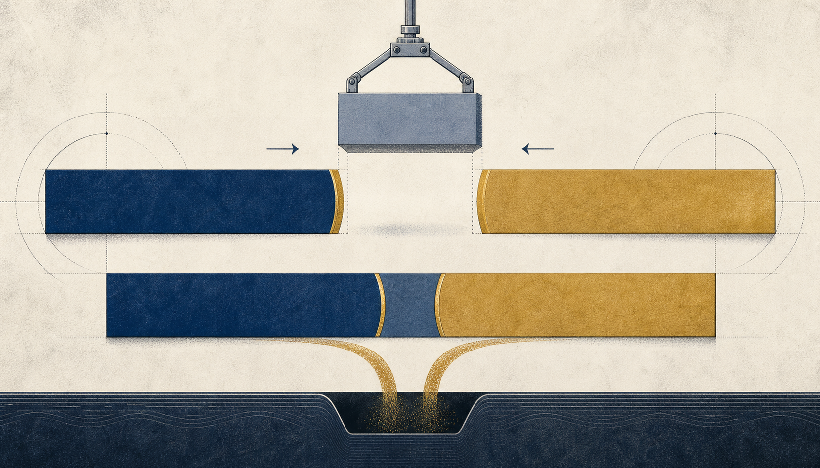 Illustration of a three-part bar labelled with home, draw and away segments, the central draw segment being lifted out and set aside while the two remaining segments are stretched to close the gap, a faint margin band skimmed from each join in warm gold
