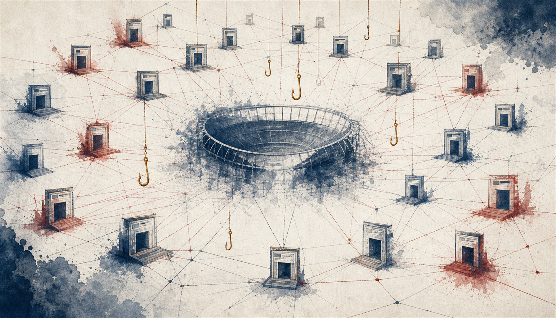 Illustration of World Cup 2026 online betting and ticketing scam networks targeting fans