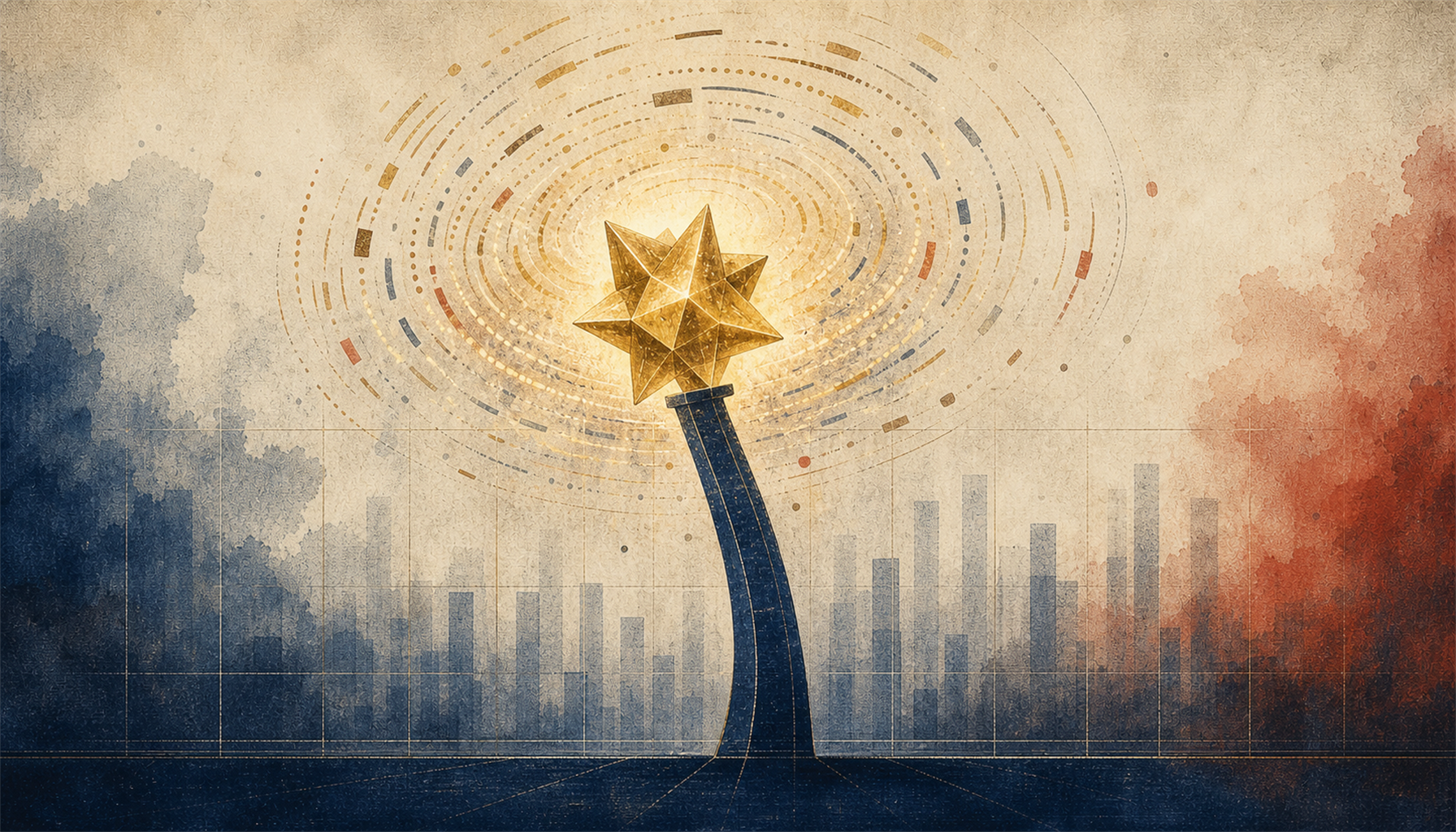 Illustration of a small bright new figure-form suddenly enlarged by a swirl of social-media hype symbols, balanced on a single thin price-column that bends under the attention