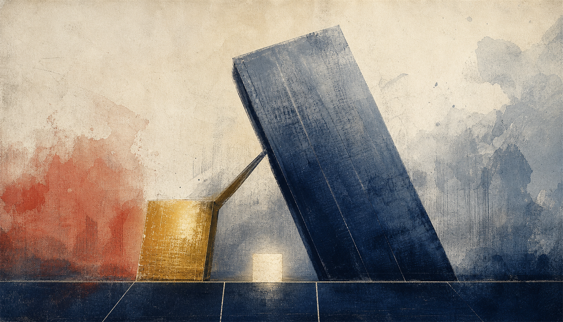 Illustration of a small luminous underdog form holding firm against a large leaning favorite column, with a neglected third 'draw' marker glowing quietly between them