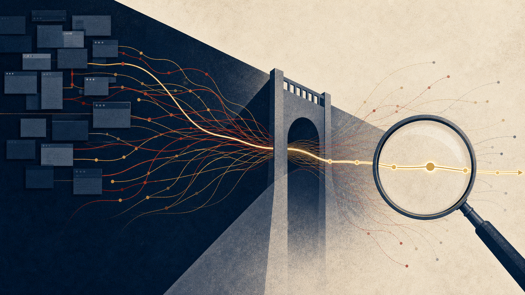 Illustration of glowing transaction trails leaving a cluster of fake betting sites and threading through a bridge structure, with a magnifier following the brightest thread