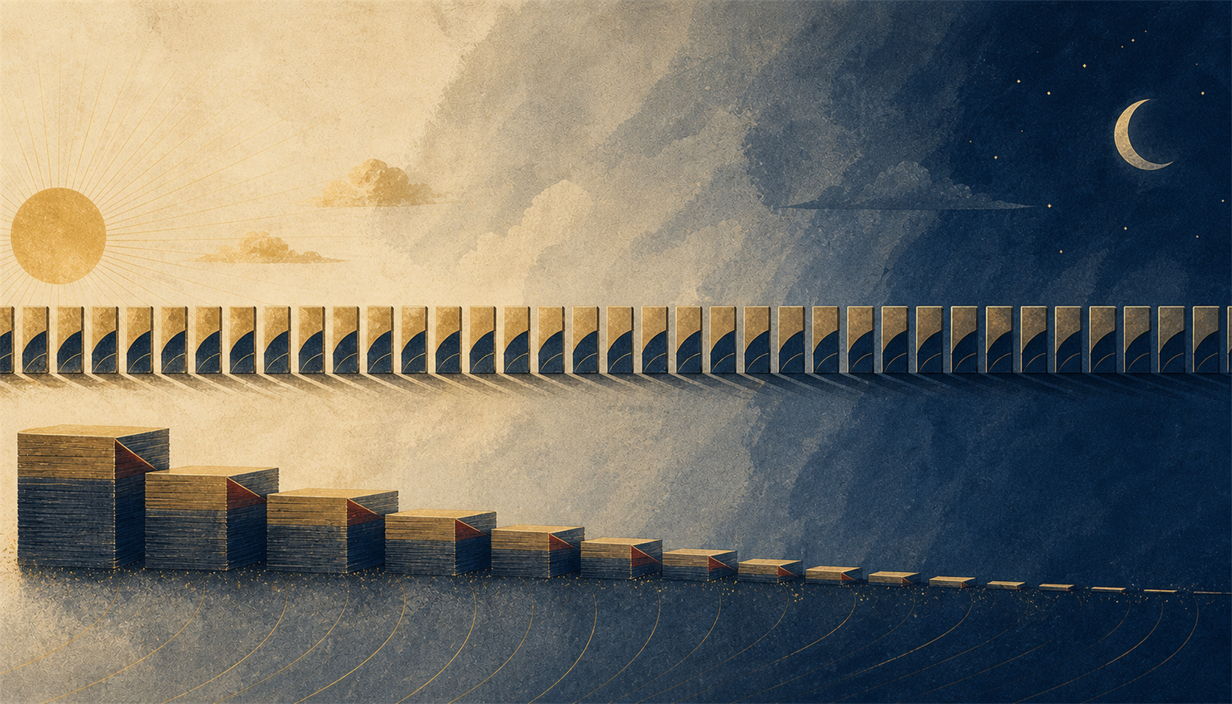 Illustration of a long unbroken row of small match-tiles marching across the frame from day into night, each shaving a thin sliver from a steadily shrinking stack