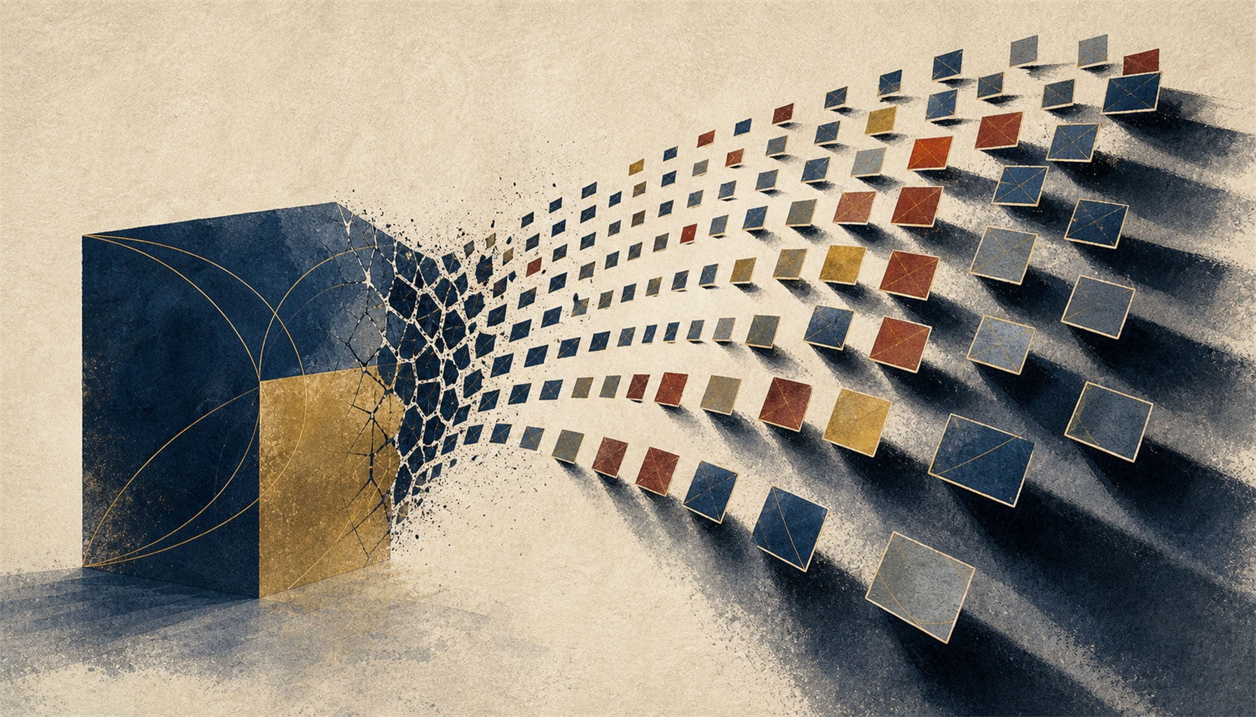 Illustration of a single match-form fracturing into many small market-tiles fanning outward, each tile carrying a slightly heavier shadow than the last