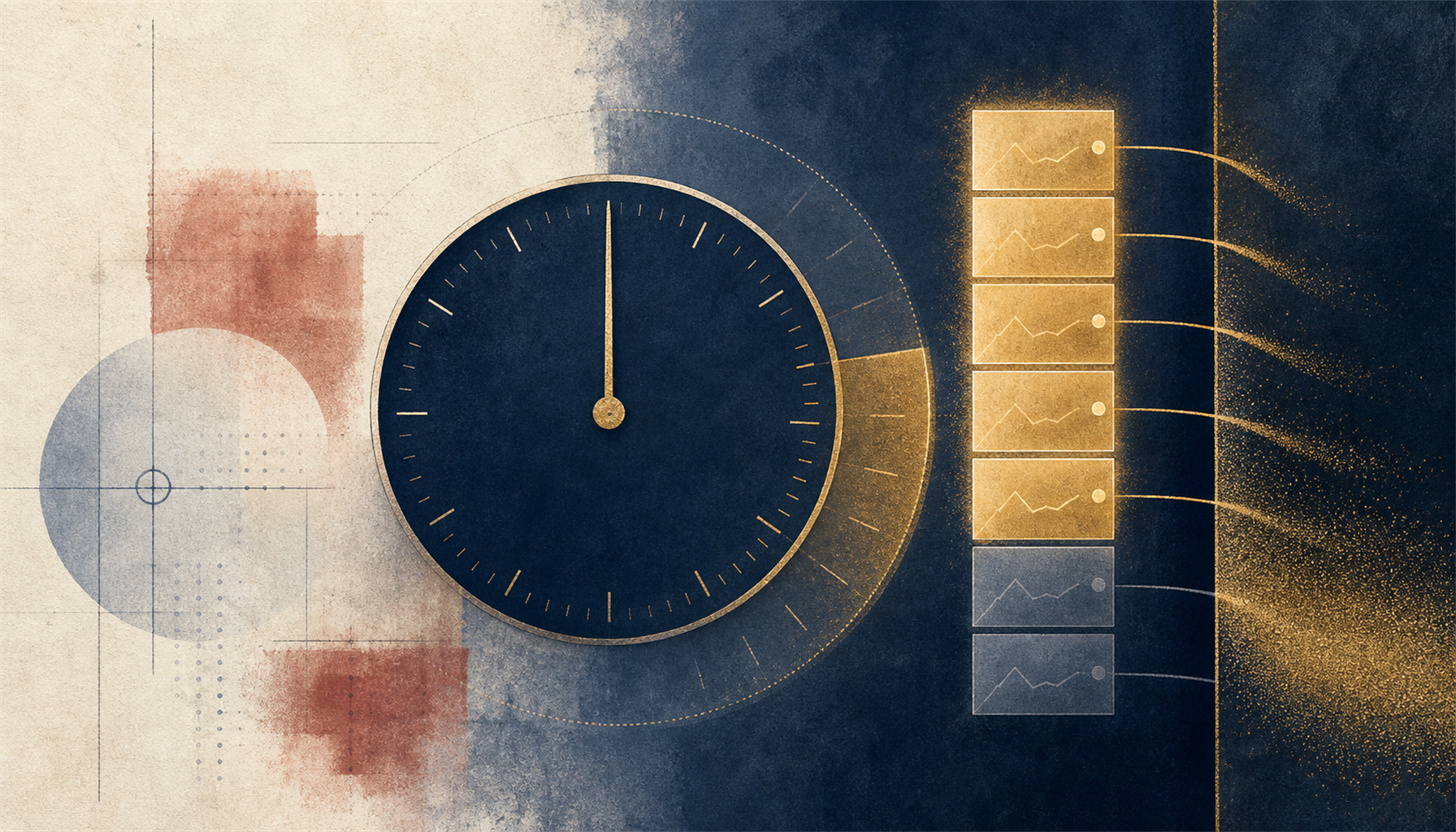 Illustration of a match-clock whose face extends past its normal end into a second, dimmer dial of added time, a fresh column of live-odds tiles reopening beside it while a thin gold sliver is drawn off each tile into the bookmaker's darker margin band