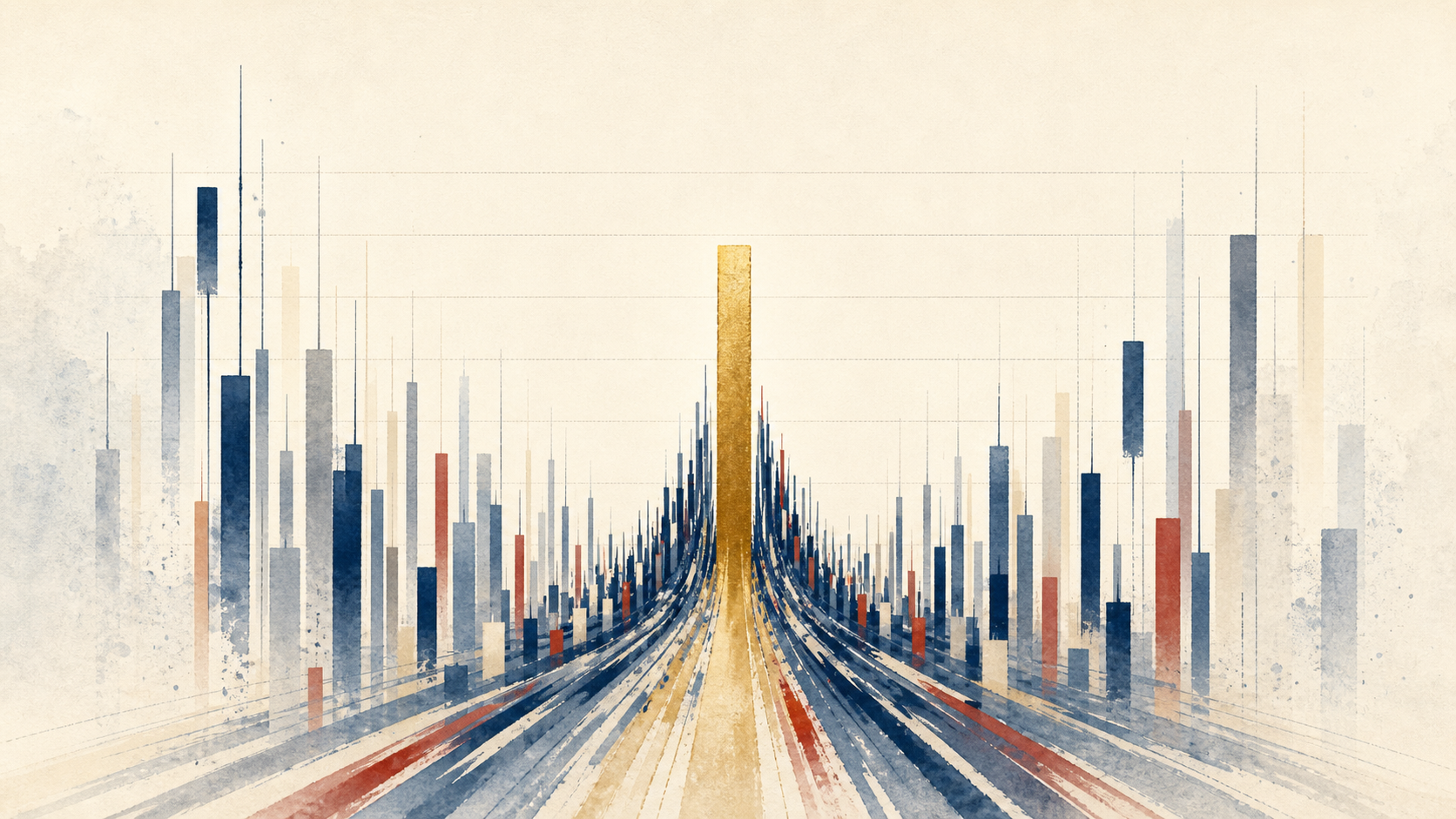 Illustration of a wide field of odds-columns collapsing inward toward a single short, tall column, with smaller columns fading at the edges