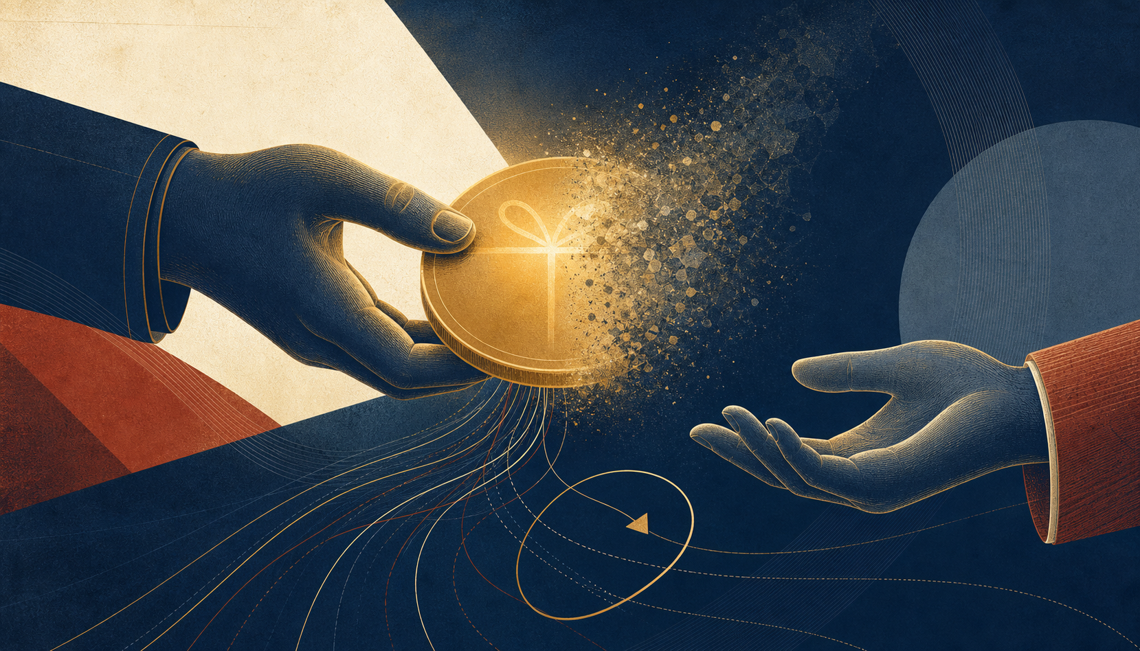 Illustration of a large token stamped FREE being handed forward, but a translucent slice of it dissolves as it crosses to the other hand, and thin conditional threads and a small looping arrow labelling rollover trail beneath it, lit like a lure