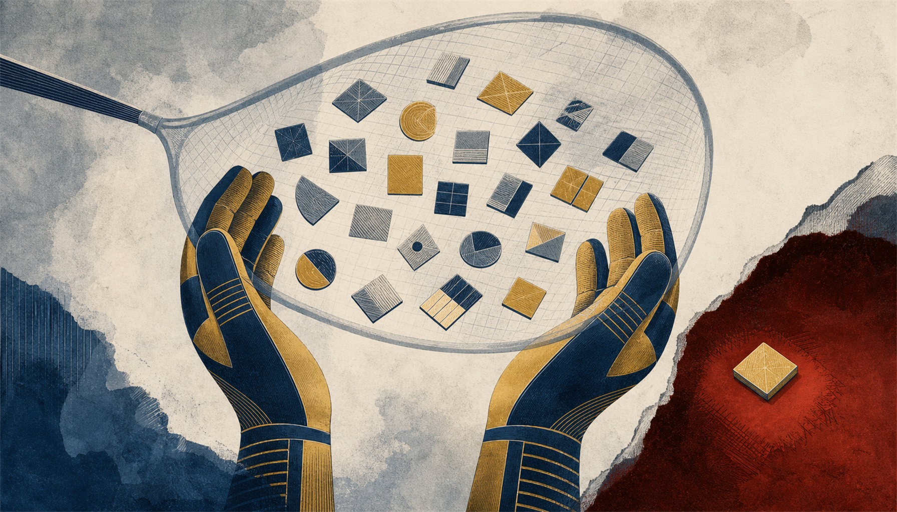 Illustration of a goalkeeper's gloved hands framed by small floating market tiles for saves, penalties and cards, with a monitoring lens over the licensed ones and one tile in shadow