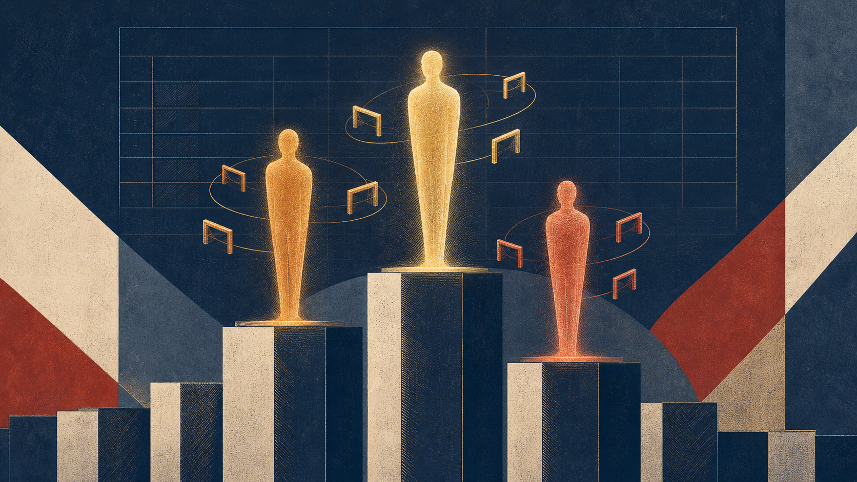 Illustration of three abstract luminous figure-forms of different heights on a podium of price-columns, with small goal-arc tokens orbiting each