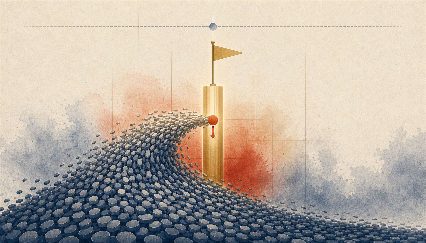 Illustration of a large crowd-shaped wave of small tokens surging toward one bright flag-topped column, pressing its price-number downward while a faint true-value line sits higher and ignored above it