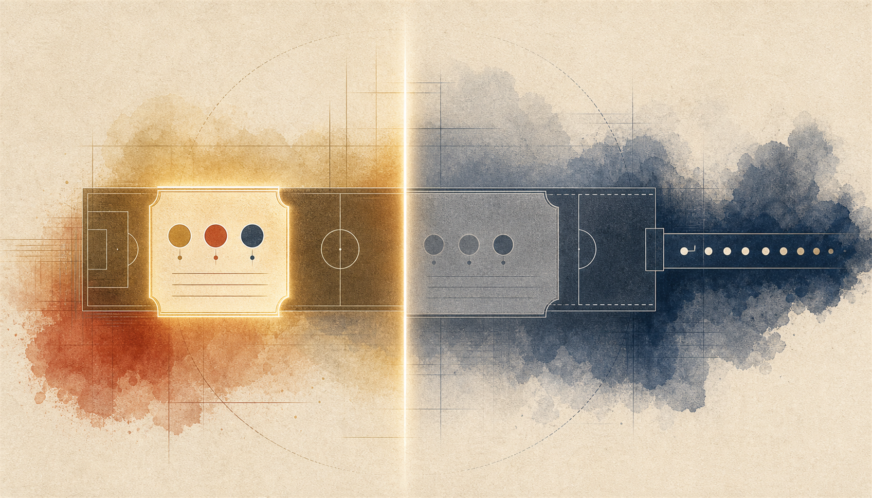 Illustration of a single match split by a bright vertical line at the 90-minute mark, one bet-slip glowing on the left side and the same slip greyed out on the right where an extra-time period and a row of penalty spots continue on