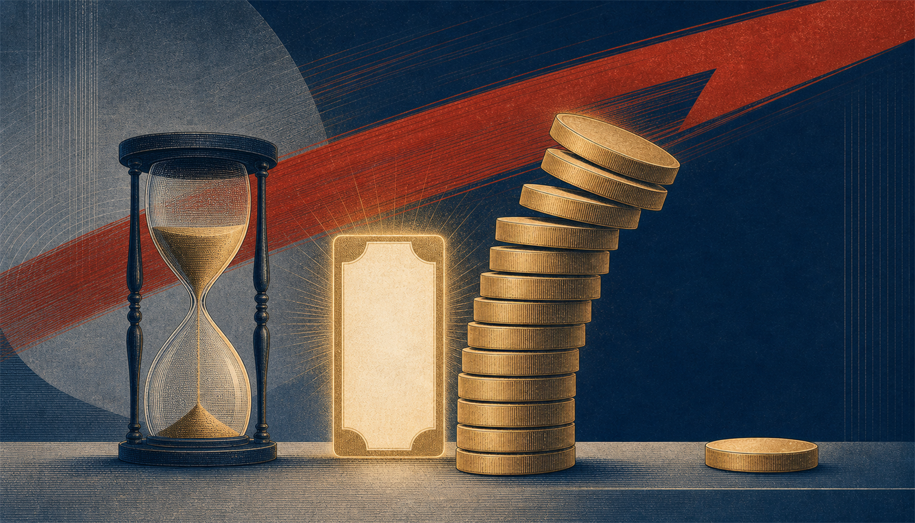 Illustration of a countdown-style hourglass beside a single glowing match-fixture, a rising stack of stake-tokens leaning toward it as a thin urgent banner sweeps across, while a calm guideline holds a smaller steady token apart