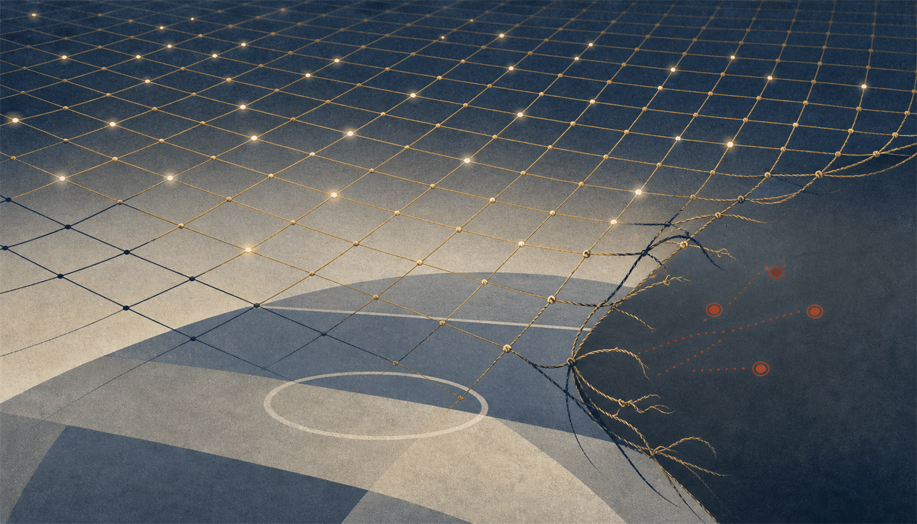 Illustration of an integrity-monitoring net stretched over a football tournament, with one corner left uncovered