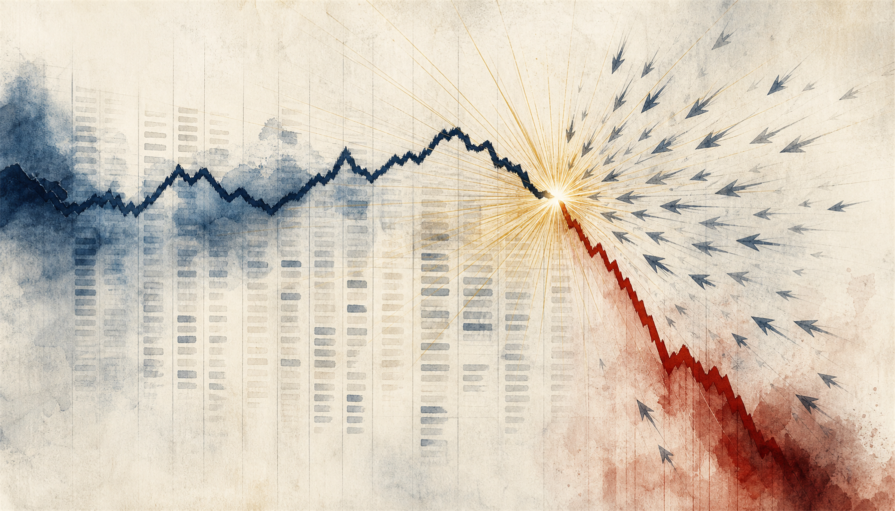 Illustration of a betting oddsboard repricing sharply, one long line dropping steeply as a single bright moment flares beside it