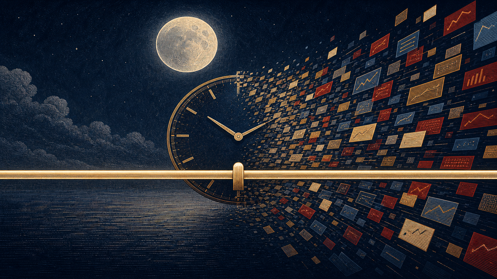 Illustration of a clock face dissolving into a stream of fast in-play bet-tiles under a low moon, a single calm guard-rail line cutting across
