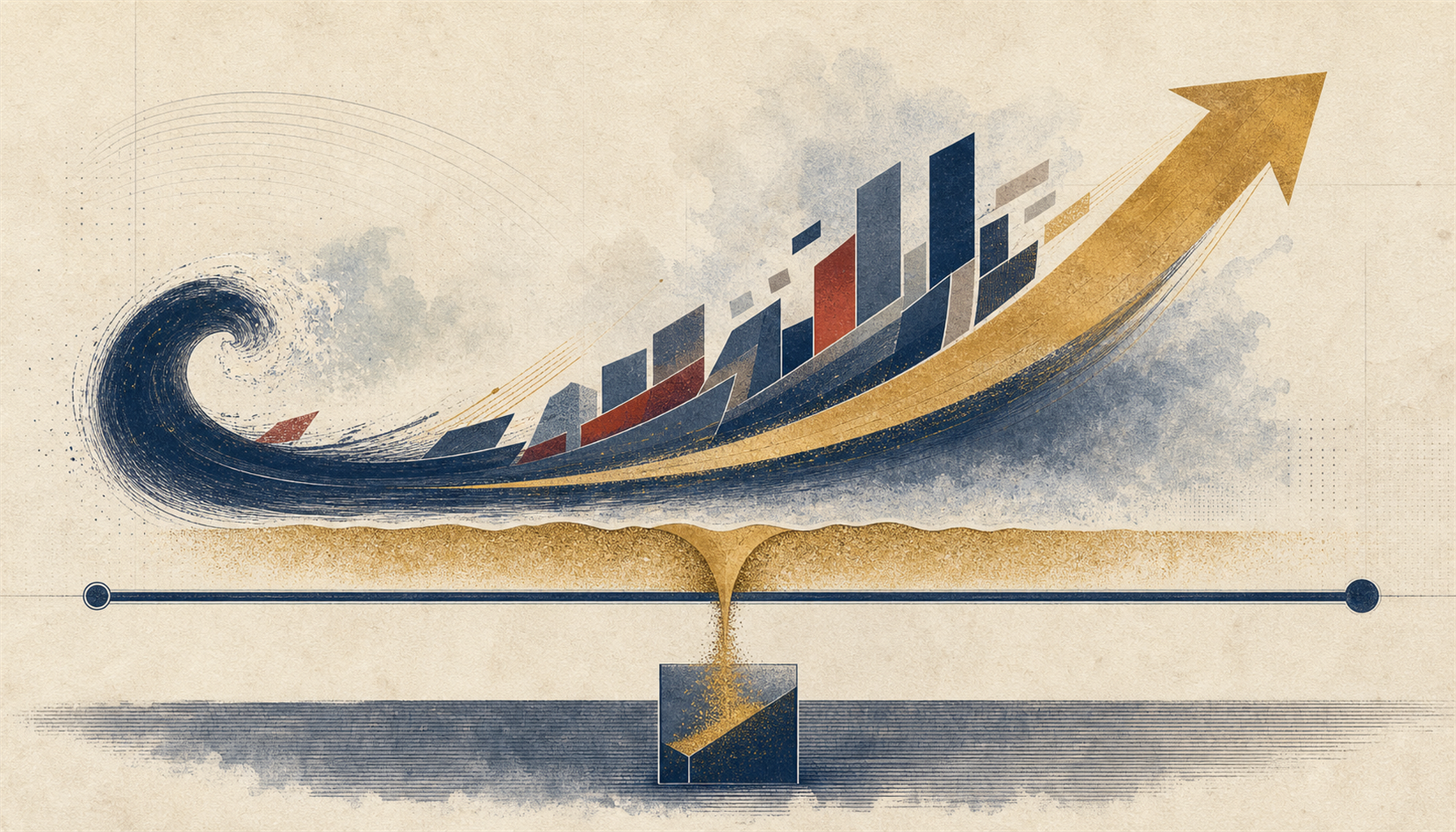 Illustration of a bright arrow of momentum sweeping a team-shape forward on a wave, while beneath it a flat, level baseline of true probability holds steady and unmoved, a thin gold sliver of margin lifted from the gap between the story and the line