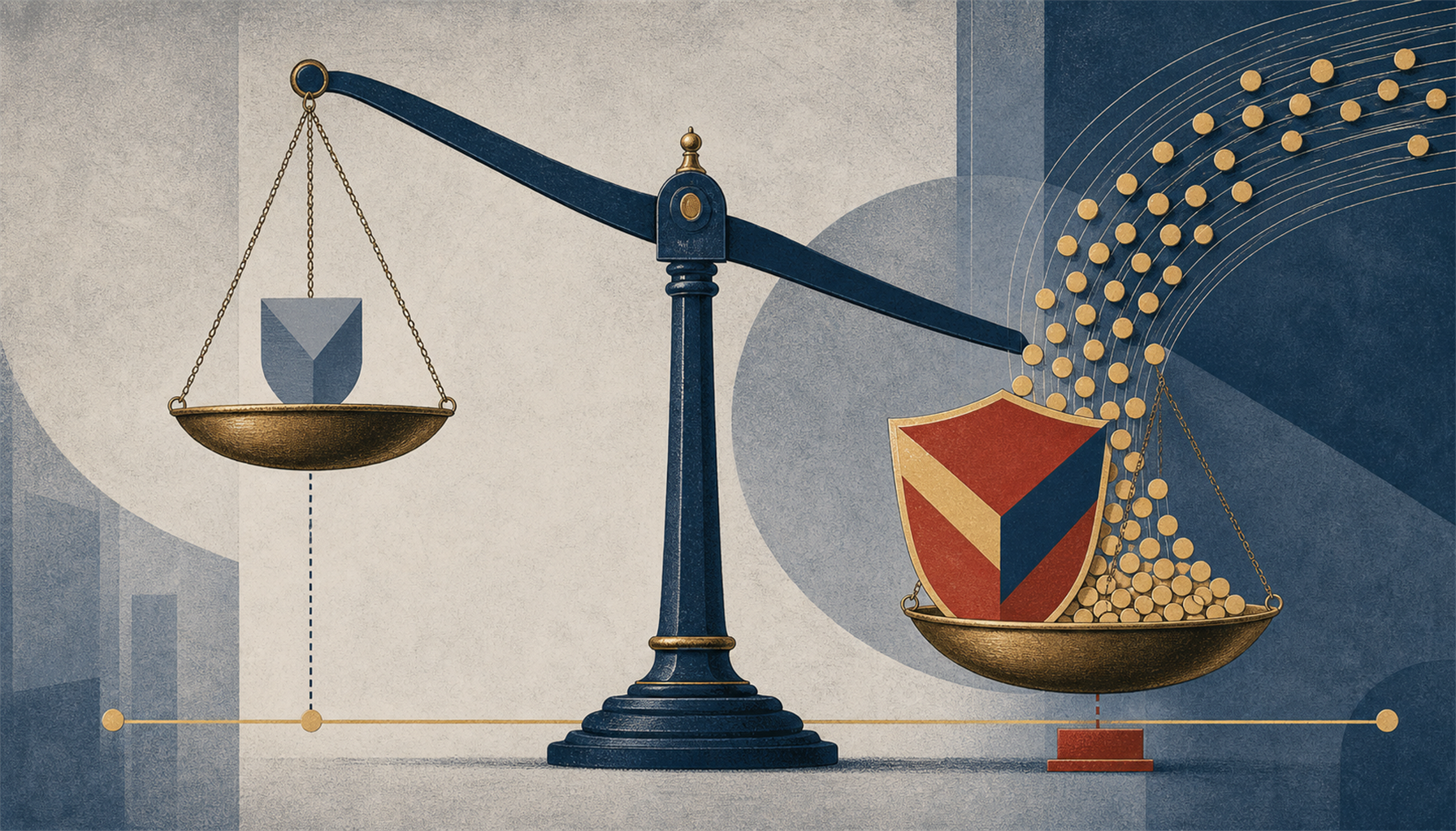 Illustration of two team crests on a balance — one large, bright and familiar drawing a heavy flow of small tokens that tips the scale and presses its price down, the other faint and ignored despite an even true-value line beneath both
