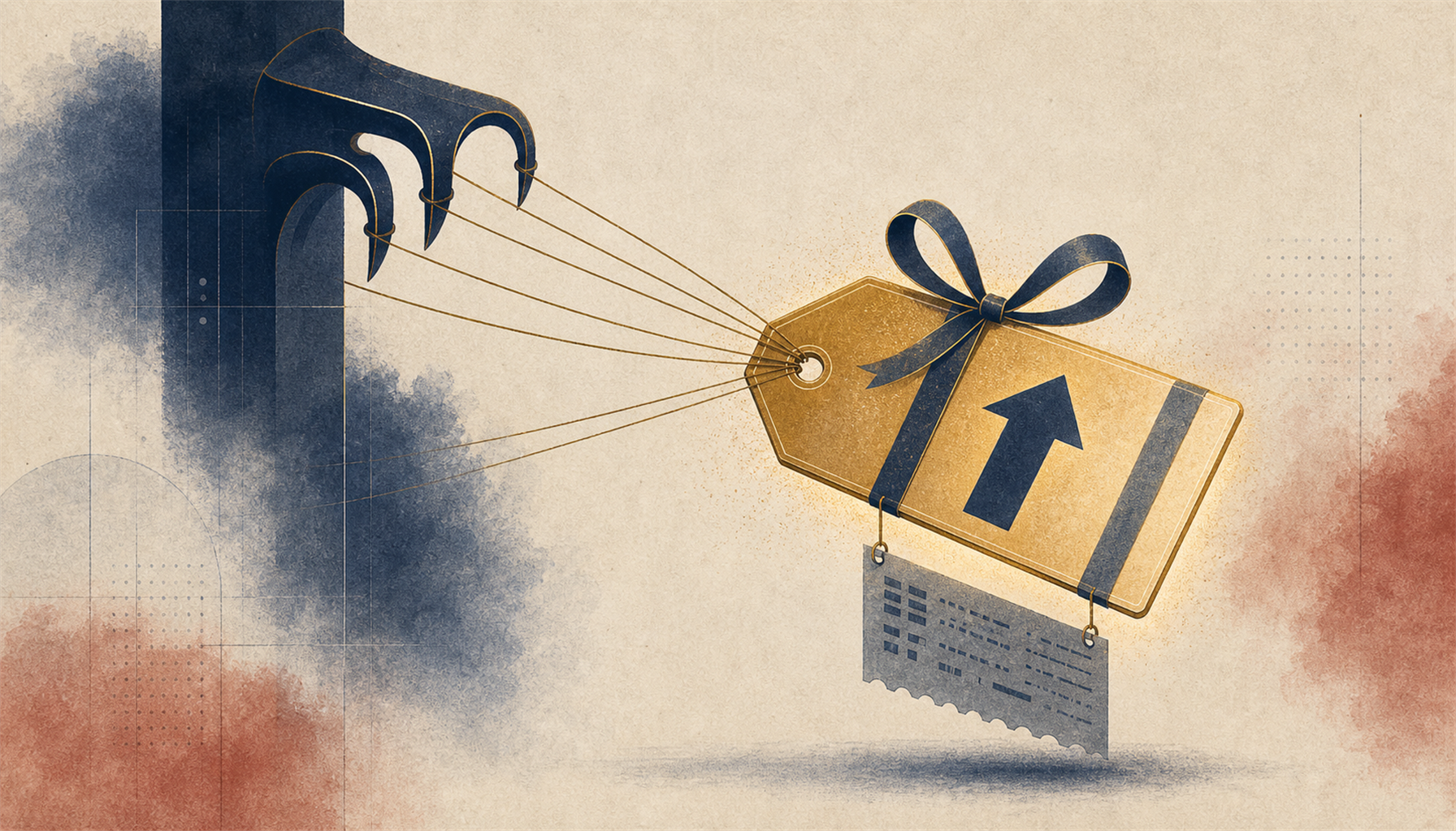 Illustration of a bright gift-ribboned price-tag labelled with an upward arrow being offered forward, while behind it fine strings run back to the bookmaker's hand and a small print-band of conditions trails beneath, the whole thing lit like a lure