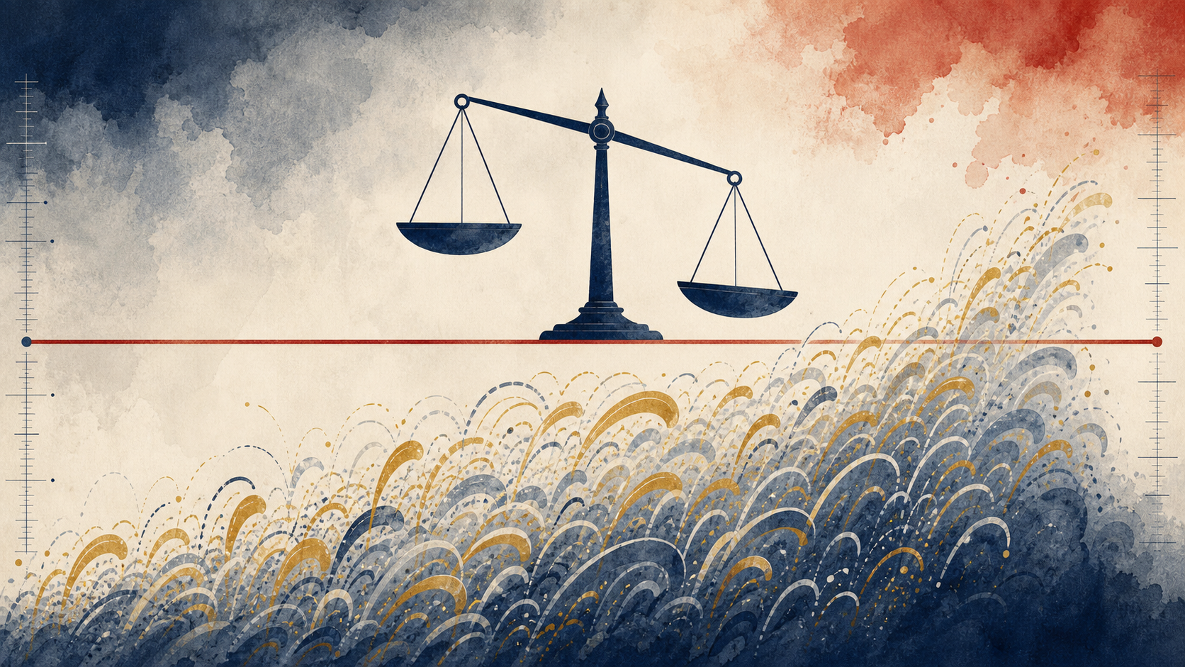 Illustration of a rising tide of small goal-arc forms lifting a horizontal threshold line, with a balance scale tipping above it