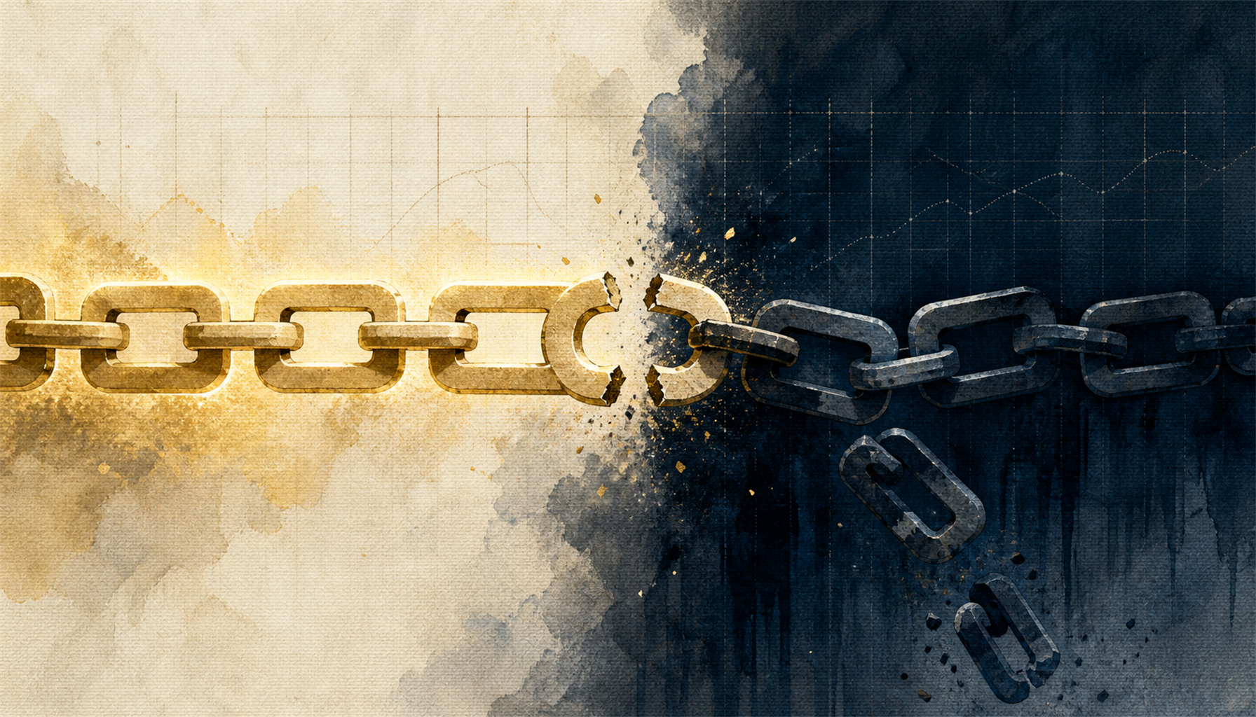 Illustration of a chain of bright bet-slip links stretching across the frame, with one link in the middle snapped and the entire chain falling dark beyond the break