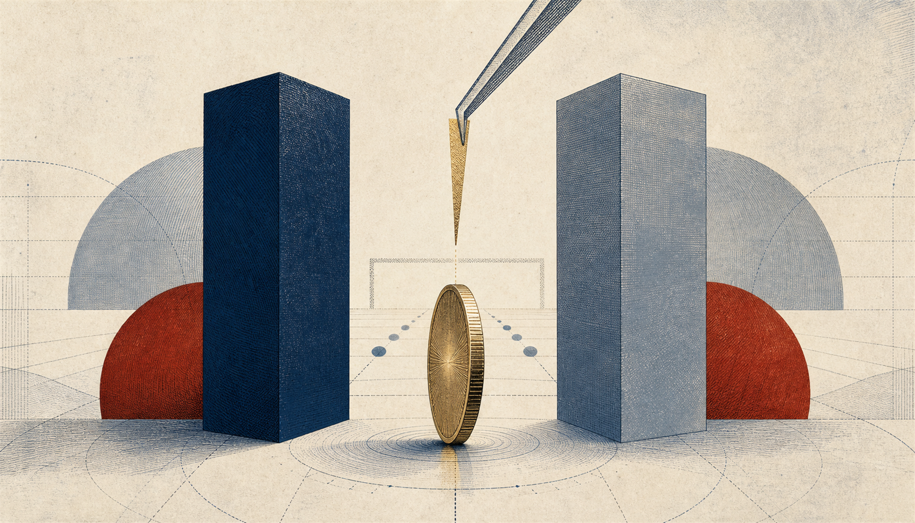 Illustration of a penalty spot rendered as a spinning coin balanced on its edge, with two evenly weighted columns of odds on either side and a thin gold sliver of margin lifted away from the centre