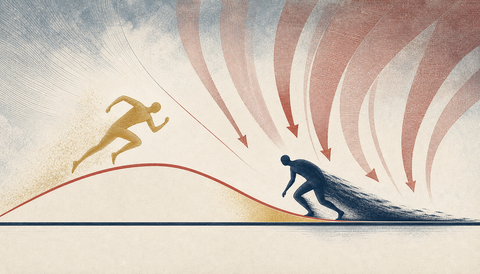 Illustration of two running figures abstracted as gold and navy silhouettes, one leaning forward light and buoyant, the other trailing heavy shadow, with a thin true-probability line running level beneath both while a wave of narrative arrows bends the price away from it
