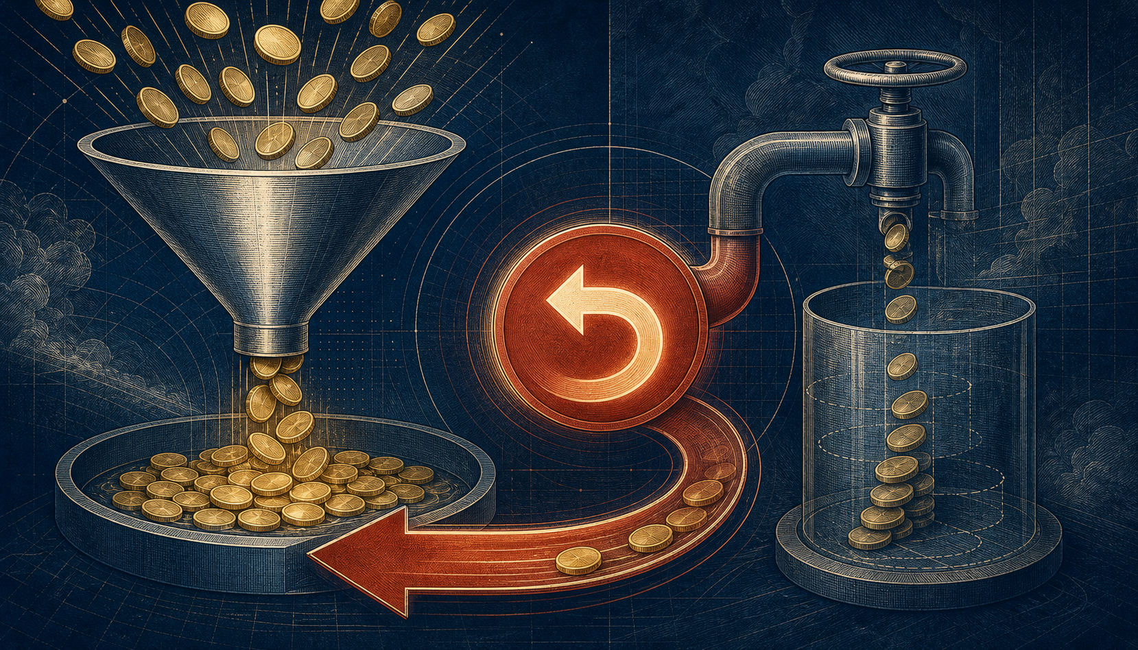 Illustration of a wide open funnel pouring coins inward on one side and a narrow valved pipe on the other where coins queue in a pending holding tank, a looping return-arrow button curving the queued coins back into the betting balance, lit like a lure