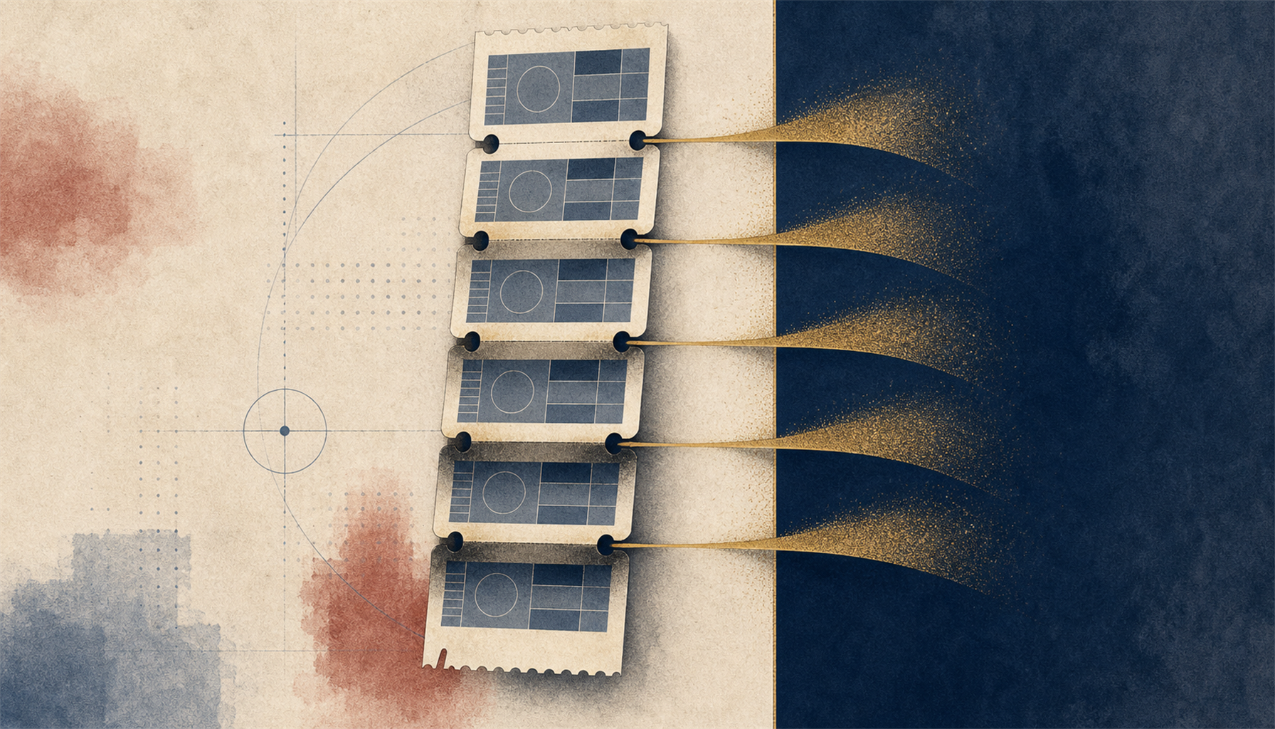 Illustration of several small market-tiles from one match being clipped together into a single long ticket, each join adding a heavier shadow, while a thin gold sliver of margin is skimmed at every connection point into the bookmaker's darker band
