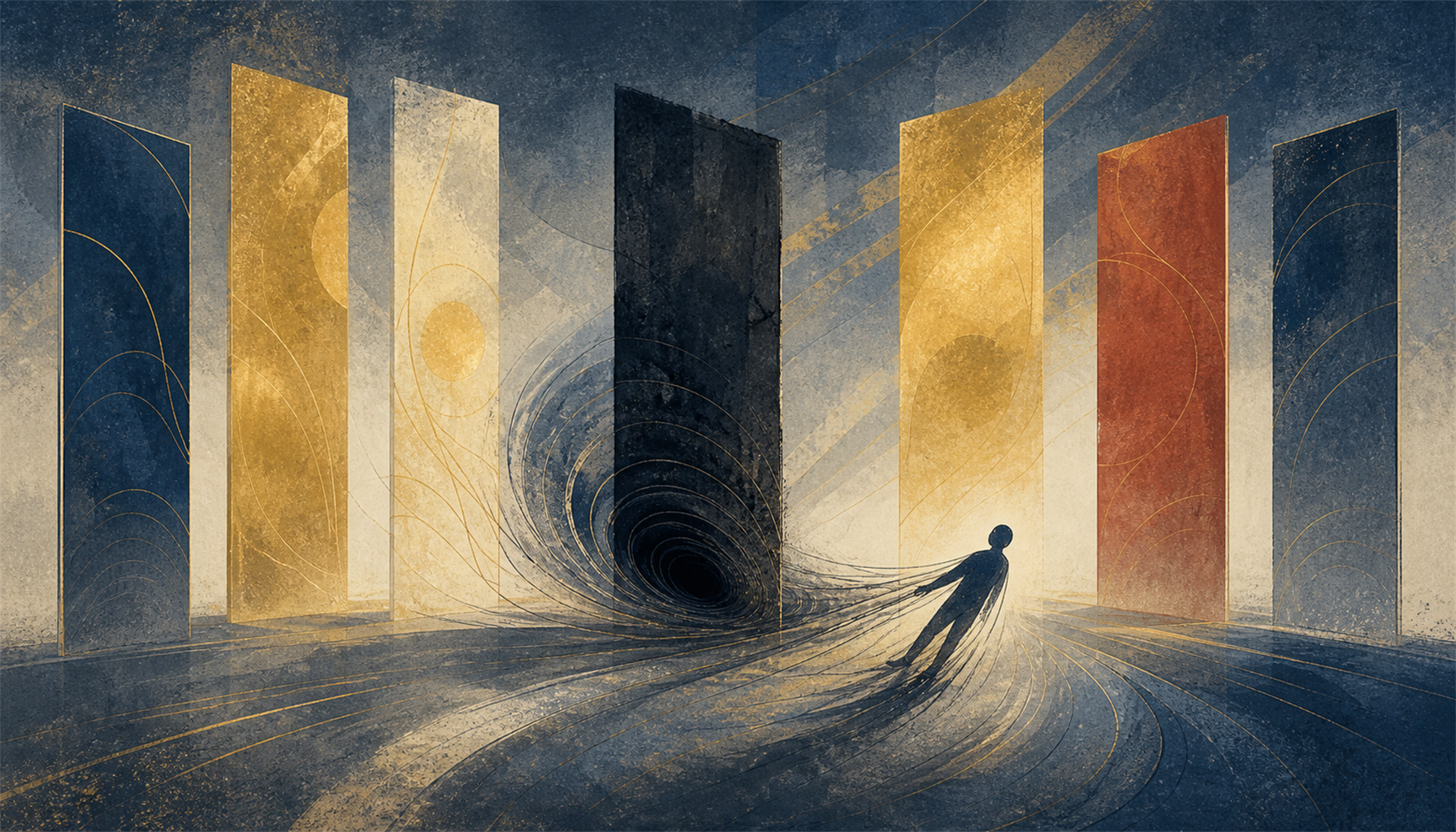 Illustration of a darkened, extinguished column among brighter ones, with a faint spiral drawing a small figure-form back toward it