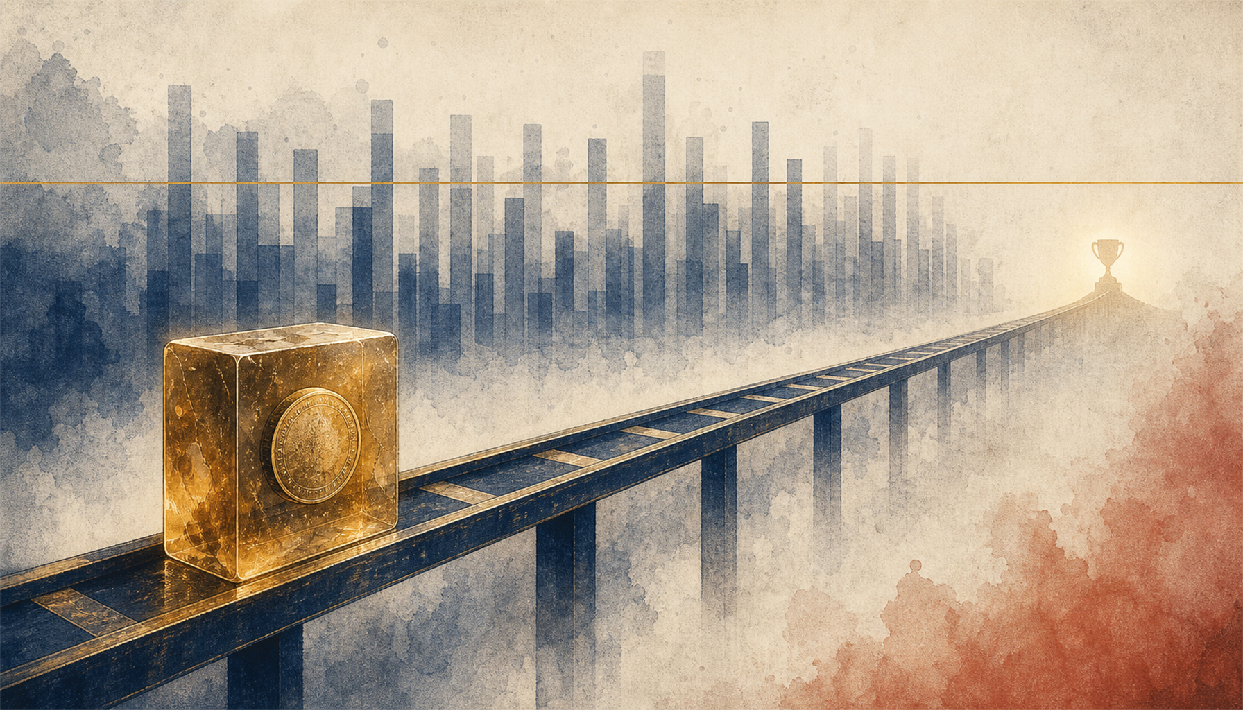 Illustration of a long horizontal timeline with a stake-token frozen inside a block of amber near the start, a faraway trophy marker at the end, and many faded team-columns summing past a 100% line